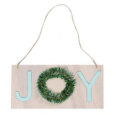 "JOY" with wreath Holiday Ornament Wood Xmas At Home 10" Blue