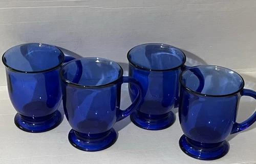 Set of 4 Vintage Anchor Hocking Cobalt Blue Glass Footed Mugs EUC