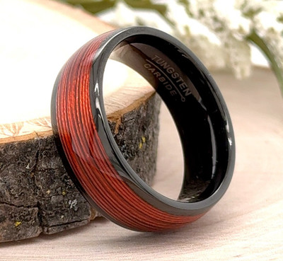 Red Roller Wire Inlay Polished Christmas Band Black Tungsten 8mm Engraved Ring