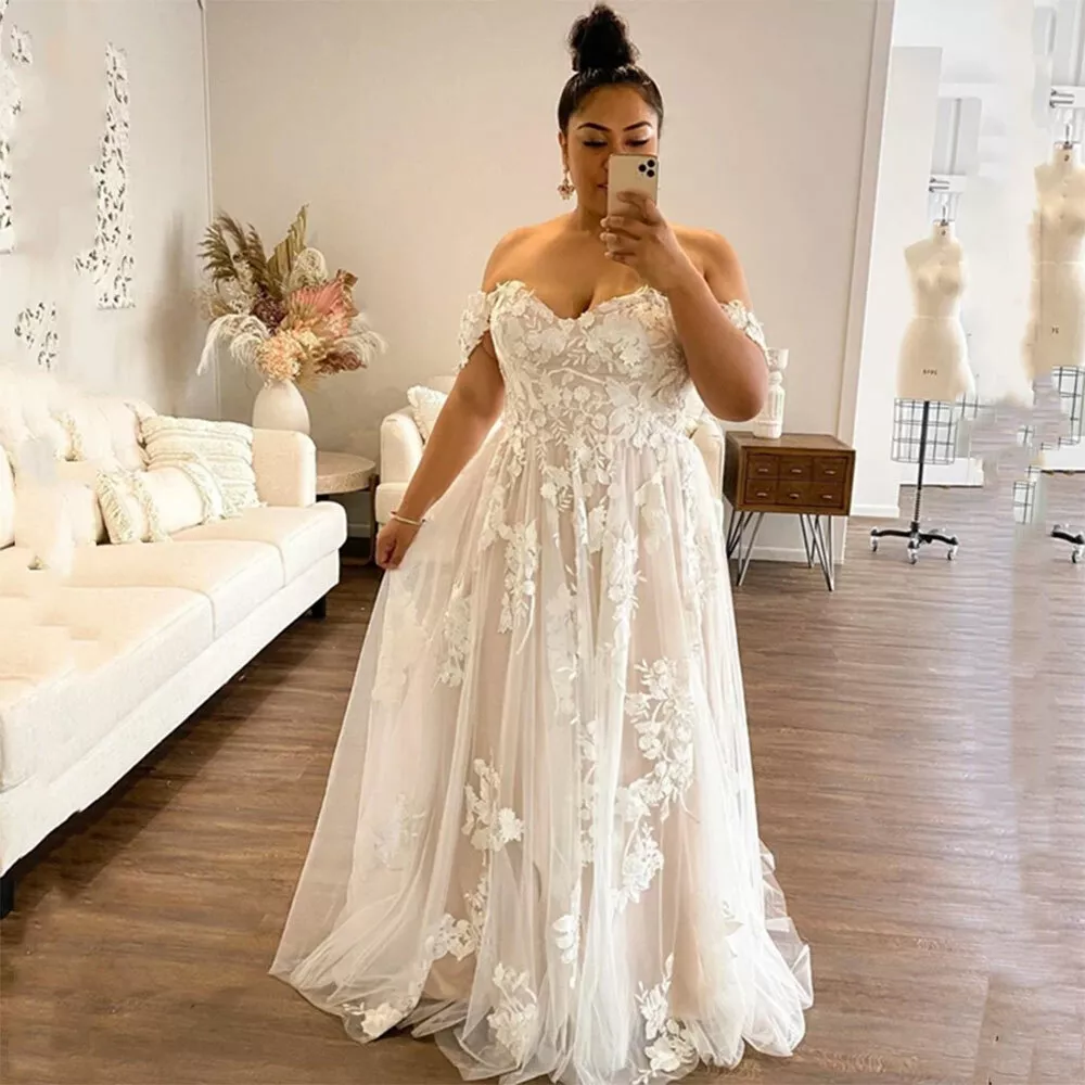 Plus Size Beach Wedding Dresses Off Shoulder Tulle Lace Applique Wedding Gowns