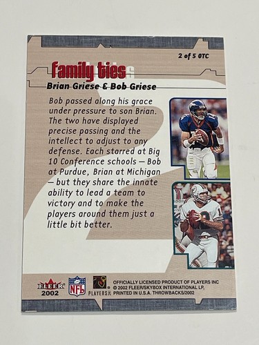 2002 Fleer Throwbacks Football On 2 Canton #2 OTC - Bob Griese - Miami Dolphins - Picture 2 of 2