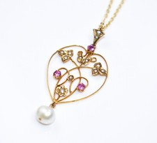 GORGEOUS! Antique 9ct Gold *PINK TOURMALINE GEMSTONES & PEARLS* Pendant Necklace