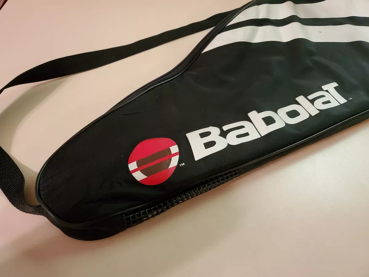 Babolat Tennis Racquet Bag. Black bag with white stripes and logo. Padded soft