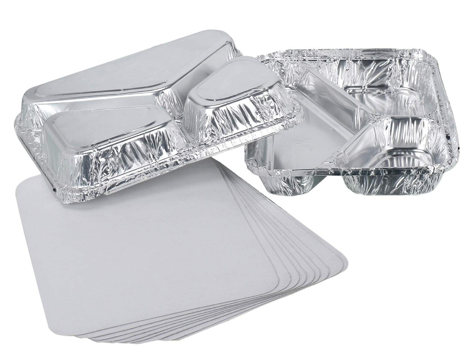 500 Pack - Foil 3-Compartment Food Trays with Lids Takeaway Meal Prep Containers