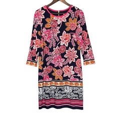 Eliza J Mini Dress Size M Navy Blue with Pink Floral Print Lined 3/4-Sleeves