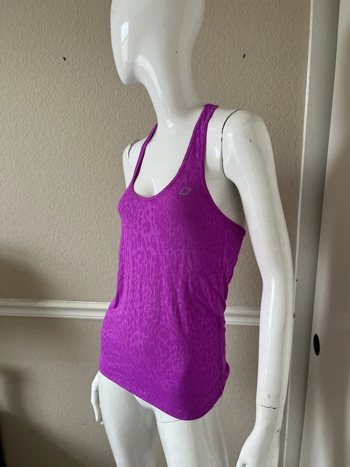 Camiseta sin mangas LORNA JANE rosa brillante magenta estampado animal corredor capas traseras talla S Foto 4 de 4
