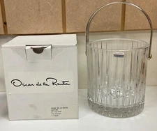 Oscar de la Renta Crystal Ice Bucket Silverplate handle NIB worn box heavy