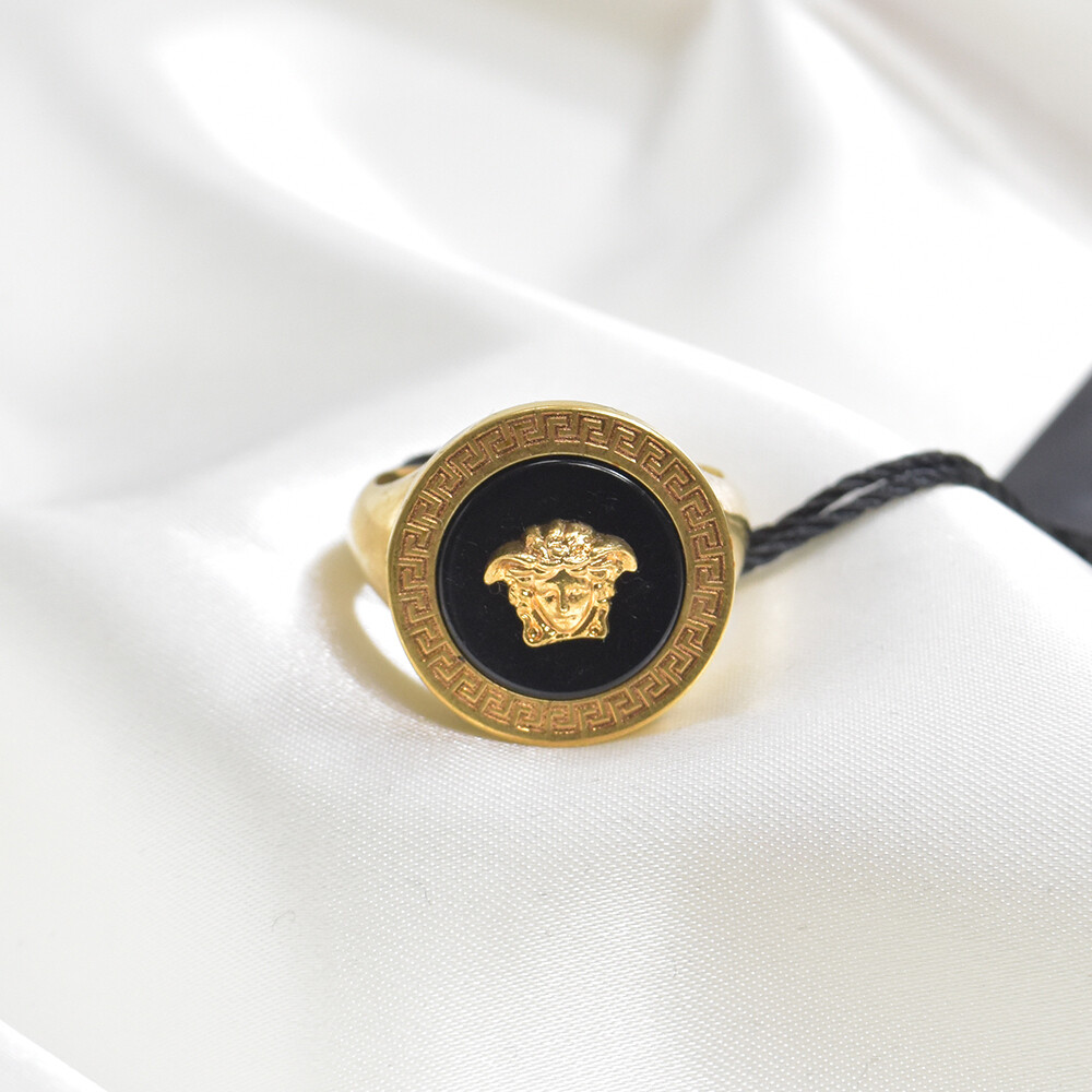 VERSACE Ring Medusa Resin Greca Pattern Back Logo Gold/Black