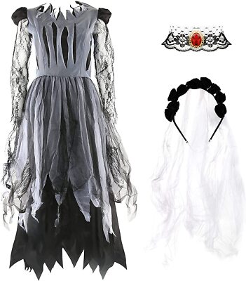 DAMEN GEISTER BRAUT KOSTÜM GERISSEN HALLOWEEN SCHICKES KLEID UND SCHLEIER TOT HOCHZEIT 