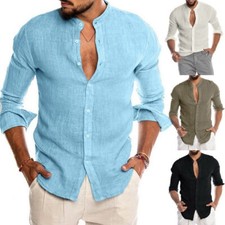 Mens Grandad Slim Fit Casual Shirts Mandarin Smart T Shirt Long Sleeve Dress Top
