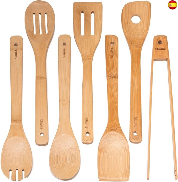 Set Utensilios de Cocina Madera de Bambú – Juego de 7 Accesorios de Cocina Or