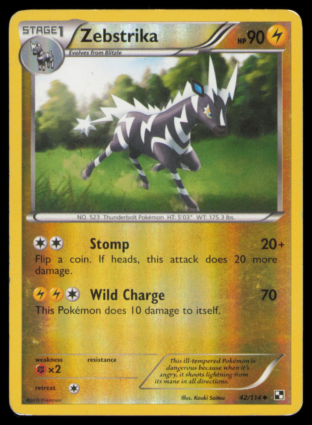Zebstrika 42/114 Uncommon Black & White Pokemon Reverse Holo Lightly Played