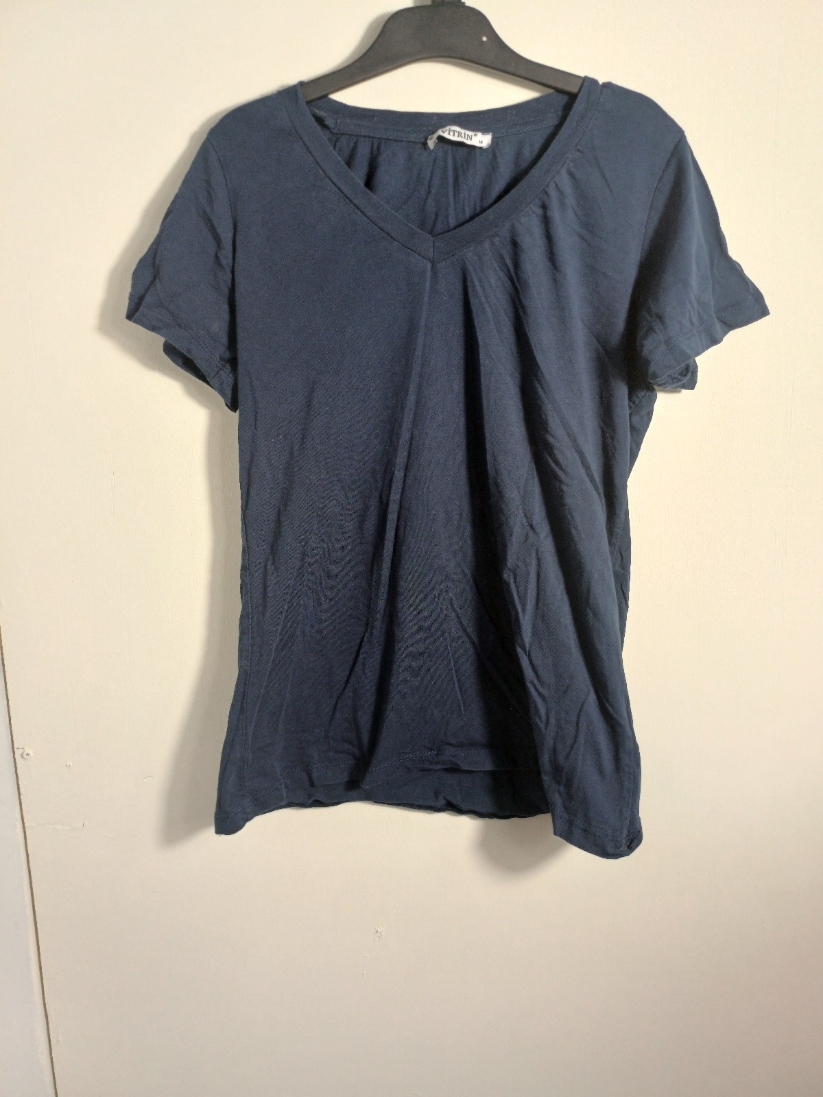 Vitrin Women's Navy Blue V Neck Short Sleeve Cotton T Shirt Top Size M
