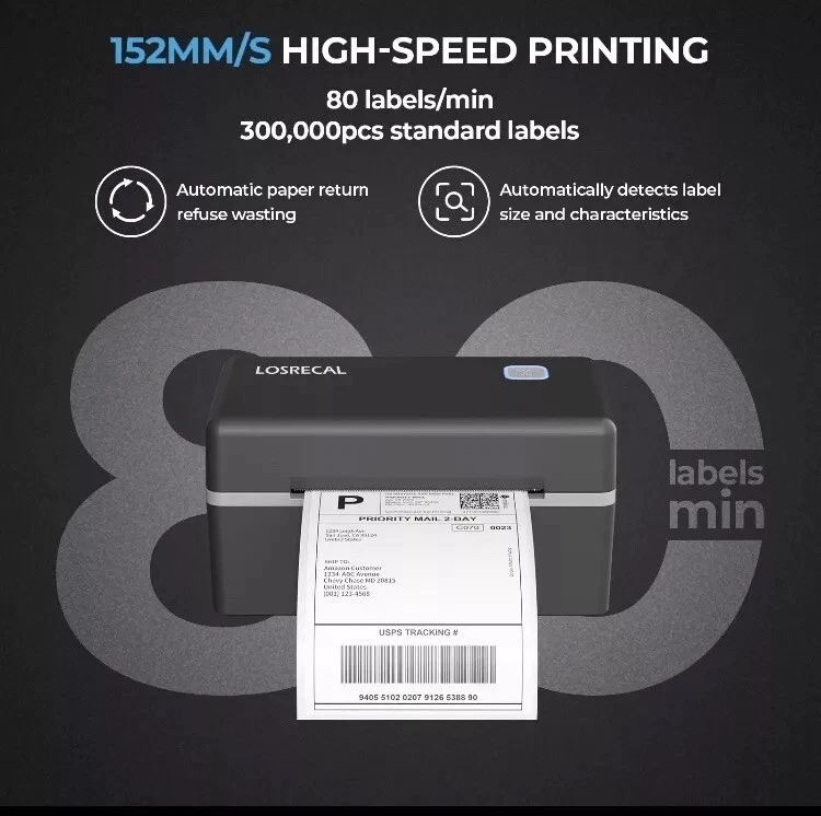 LOSRECAL 4x6 Thermal Shipping Label Printer USB, Black (LR-ITPP128U-BK-US) - Image 3 of 4