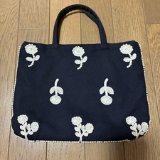 mina perhonen Navy Flower Embroidered Tote Bag, Fabric, Excellent Condition