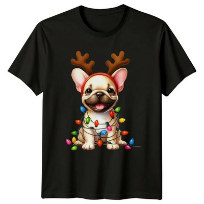 Französische Bulldogge Weihnachtsbeleuchtung Rentier Geweih Männer Frauen Grafik T-Shirt