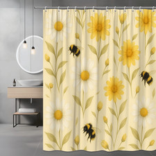 Floral Daisy Shower Curtain with Bees - Yellow and White Design