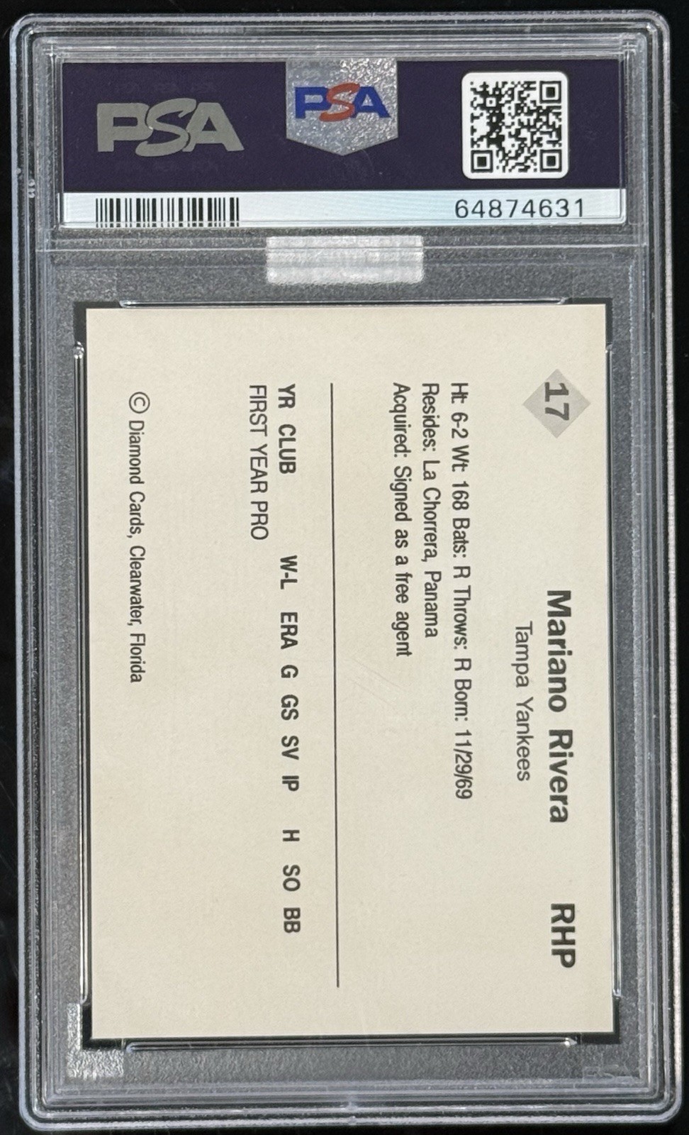 1990 Diamond Cards Mariano Rivera RC NY Tampa Yankees PSA 10 MBA GOLD #17 cc17 view 2