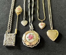 Vintage Jewelry Lot Guilloche Enamel Flower Book Locket Sterling Silver Necklace