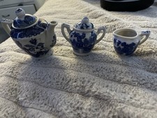 Blue Willow Ceramic Miniature Tea Set - Teapot, Sugar Bowl, Cup