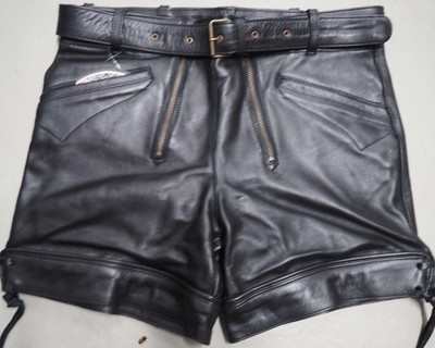 kurze Glattleder Hose Berti Pfadfinder Doppelzip mit Gürtel  schwarz Vintage