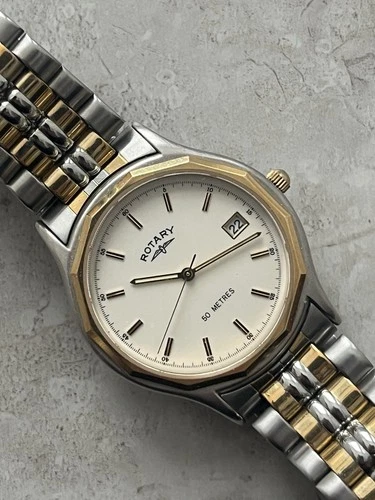 Rotary Vintage Men’s Watch Silver Gold Date Quartz Stainless Steel Roman Numeral