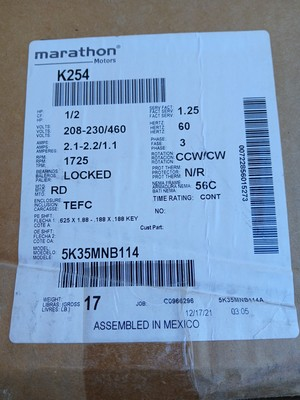 #ad #ad Marathon Electric K254 AC Motor 5K35MNB114 1 2Hp 208 230 460V New $200.00