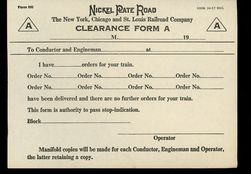 Vintage 1957 Nickel Plate Road Railroad Clearance Form A Unused Train Ephemera