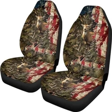 Print Car Seat Covers Front Seats for Men,Camo Bucket Seats Hunting Deer Flag