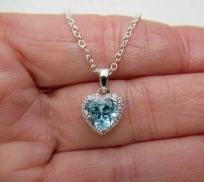 Pretty Halo Pendant 1.50 Ct Heart Lab Created Aquamarine 14k White Gold Plated