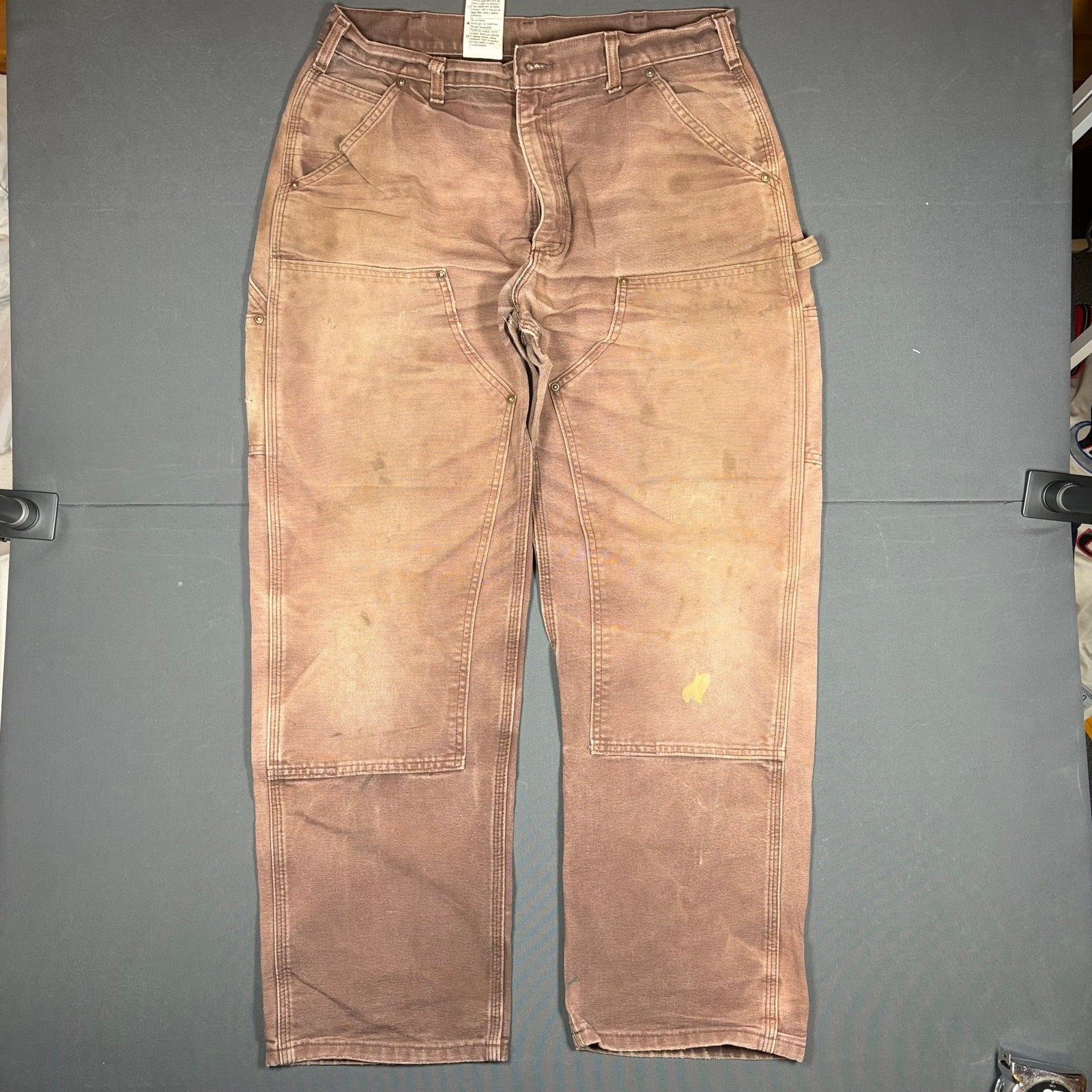 Carhartt B136 DKB Dark Brown Double Knee Carpenter Pants Distressed 35x32 Faded