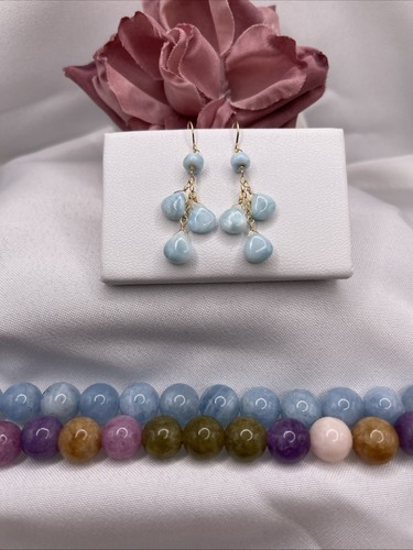 14K Gold Larimar Earrings Natural Briolette Handmade FINEST - Picture 6 of 9