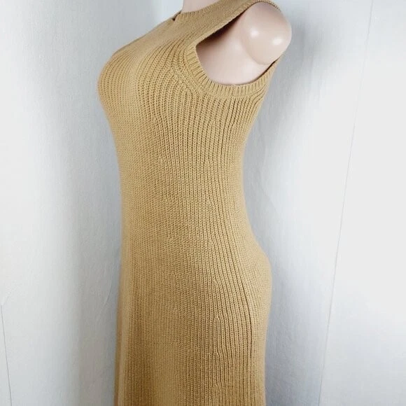 Maxi Vestido Suéter Largo Sin Mangas Tejido Malla Caqui Para Mujer Zara Talla Pequeña Foto 4 de 4