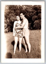 Vtg B W Snapshot Smiling Couple In Swimwear Outdoors 1940s