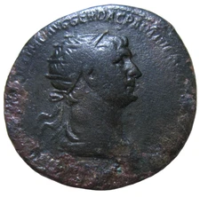 TRAJAN,  98-117 AD. AE DUPONDIUS,  ROME MINT, 114-117 AD. TWO TROPHIES REV.  