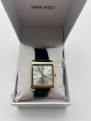 Nine West Gold-Tone Watch with White Dial and Black Leather Strap Nine West Women main image 2
