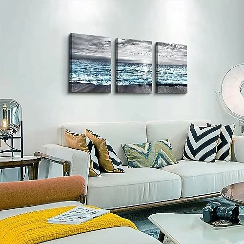 Arte de pared en lienzo enmarcado - 3 16x24 pulgadas (juego de 3 paneles) playa océano azul Foto 3 de 4