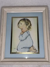 Vintage Praying Girl Child Art Print Framed Blue Religious Medium Wall Art Decor