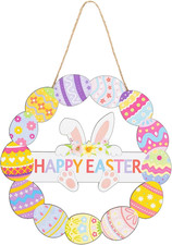 Vintage Wooden Easter Decor Hollow Bunny Eggs Wreath Sign for Front Door Entrywa