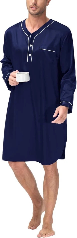 Camisón de satén de seda cómoda Henley para hombre manga corta salón grande alto Foto 3 de 4