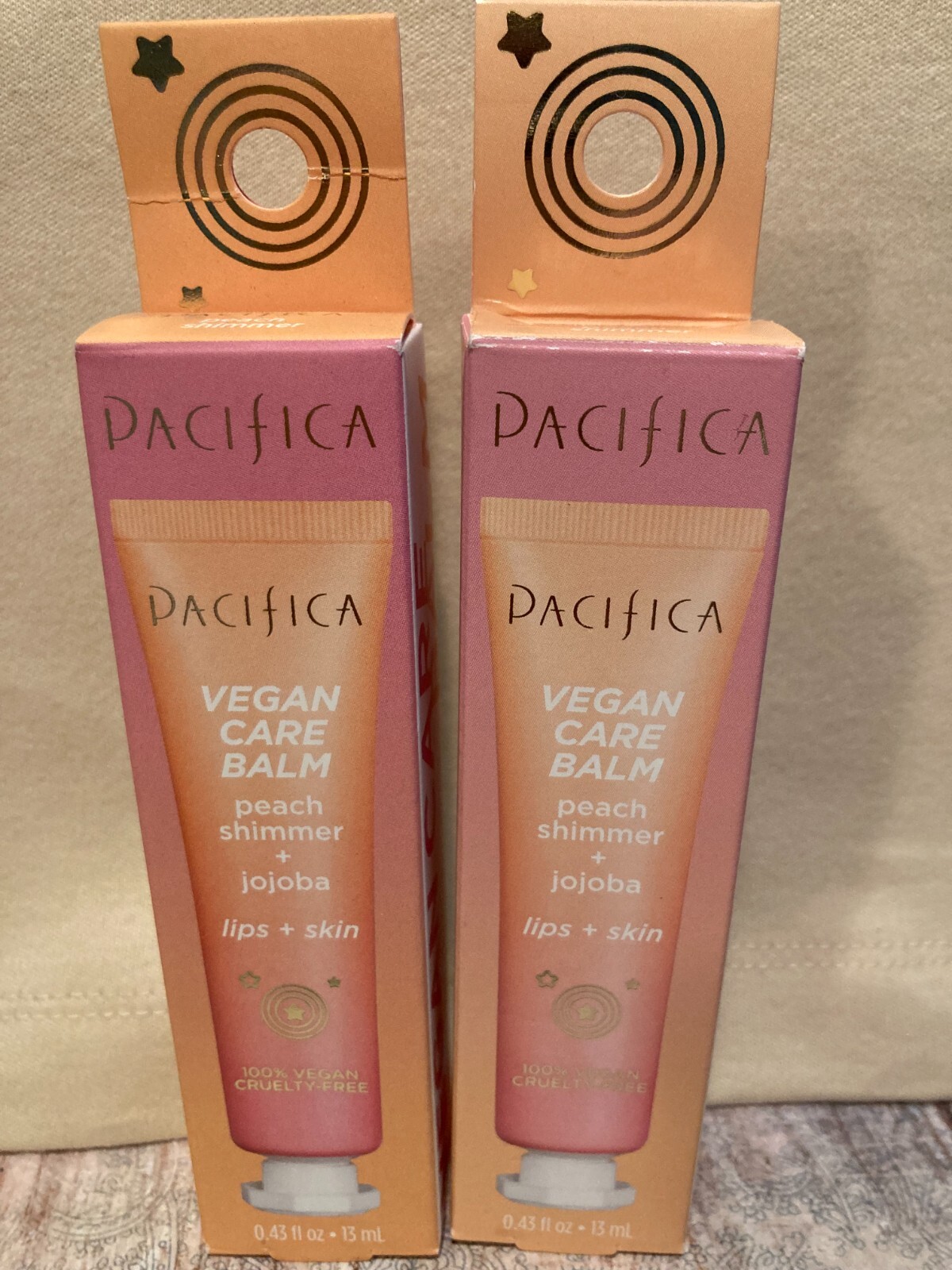 2x Pacifica Vegan Care Balms Peach Shimmer + Jojoba Lips + Skin 0.43 oz