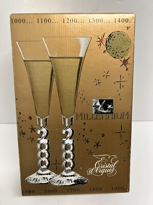 NEW VTG NEW YEARS CHAMPAGNE FLUTE Glasses SET CHEERS FUN Millennium 2000 FRANCE