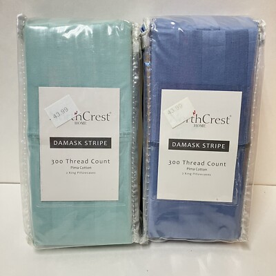 2 King Pillowcases Northcrest 100% Cotton 300 TC Damask Stripe Blue or Aqua
