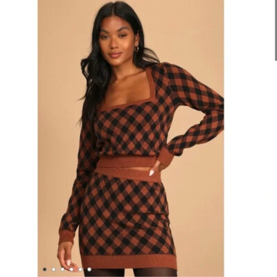 Two Piece Plaid Sweater Skirt Set Very J Chic 2-Piece Sweater