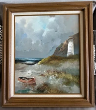 ORIGINAL SIGNED BEAUTIFUL LIGHT HOUSE  PAINTING ON CANVAS FRAMED 31 " X 27"