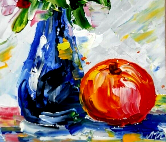 Oil painting. Flowers in a vase with an apple. Still life