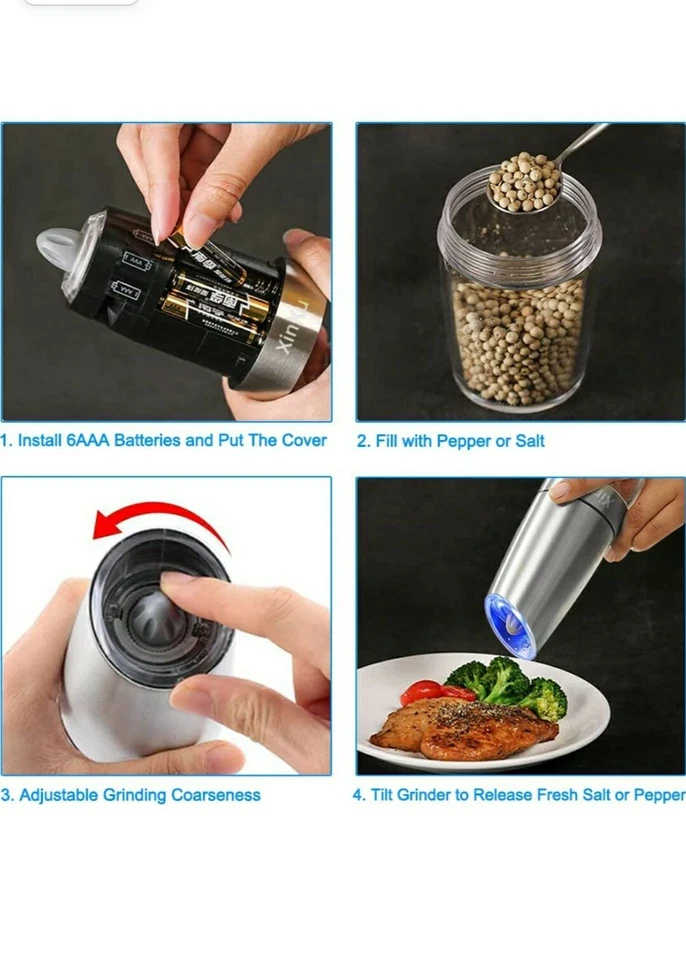 Molinillo de sal o pimienta GRAVEDAD de acero inoxidable premium luz LED azul ajustable 1 pieza Foto 4 de 4