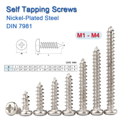 M1 - M4 Nickel Plated Steel Phillips Pan Head Self Tapping Wood Screws DIN 7981