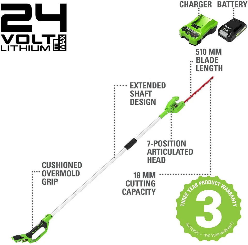 24V Akku Lange Heckenschere 51cm Greenworks G24PH51K2 mit 2Ah Batterie - Bild 2 von 4