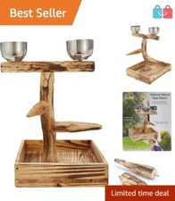 Bird Perch Natural Wood Tree for Small Medium Birds with Bowls & Drop Tray Me...